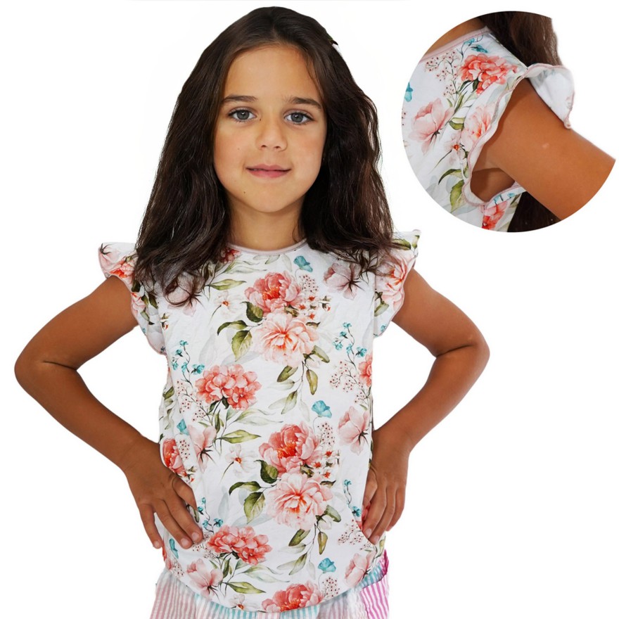 Kwiecista BLUZKA POLA z krótkim rękawem typu motylek koszulka w.422