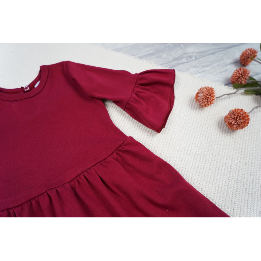 Bordowa SUKIENKA IGA z falbanką przy rękawach wesele święta