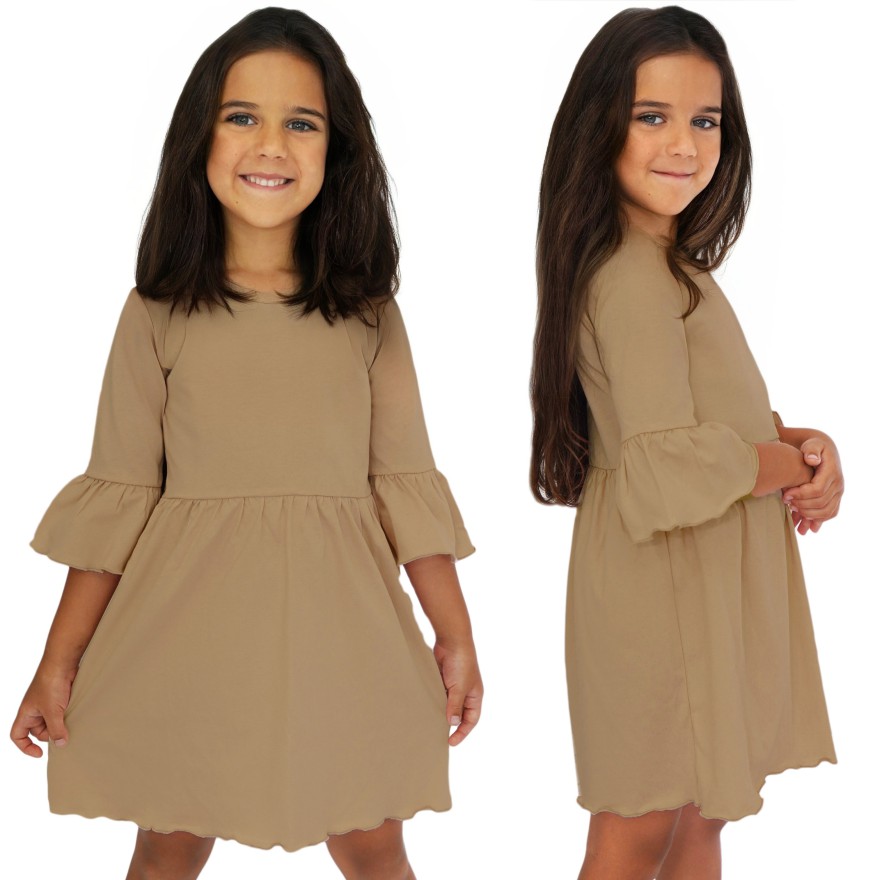 Ciemna beżowa SUKIENKA IGA z falbanką przy rękawach wesele święta