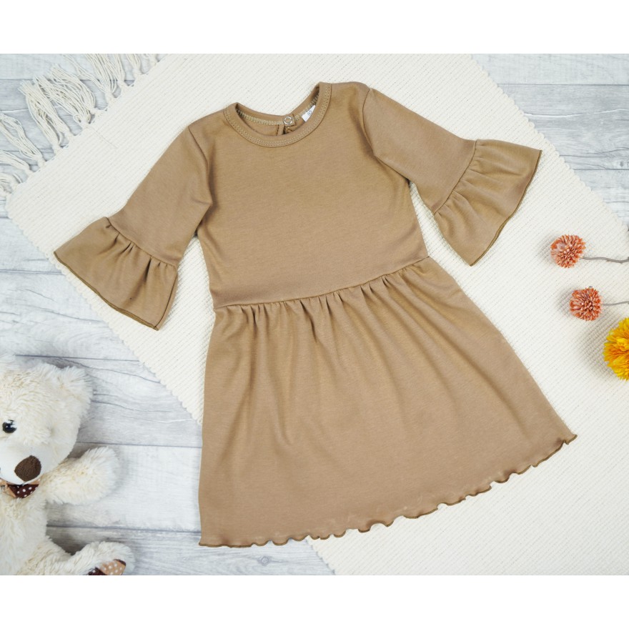 Ciemna beżowa SUKIENKA IGA z falbanką przy rękawach wesele święta