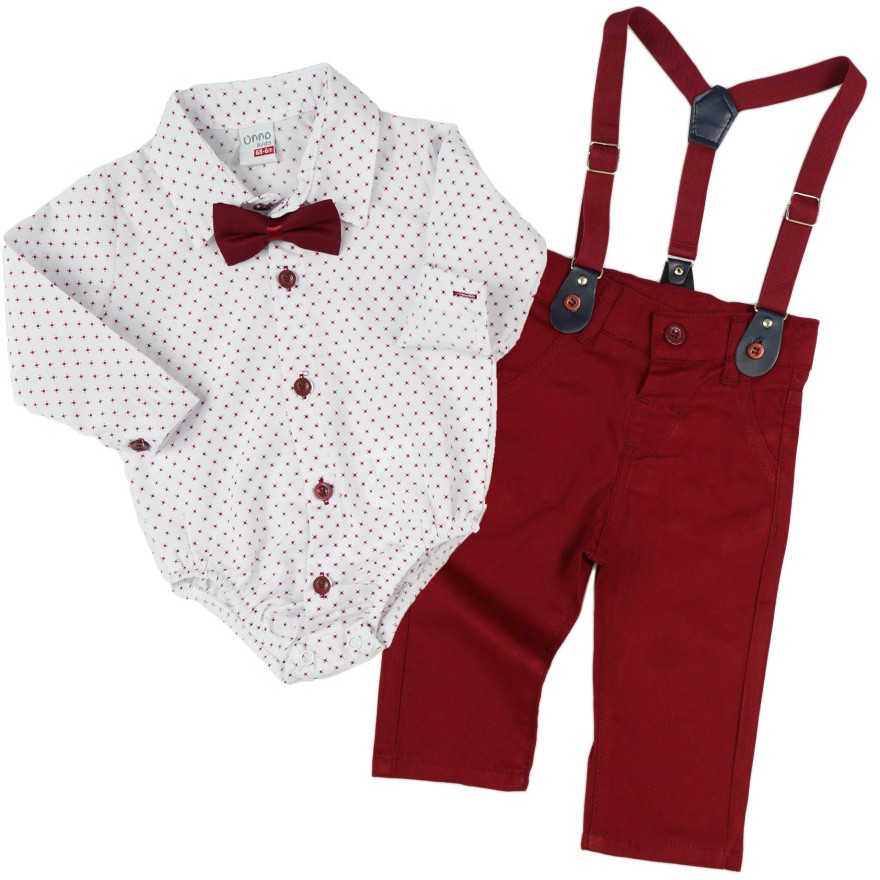KOMPLET DLA CHŁOPCA body- koszula w kwadraciki, bordowe spodnie, muszka, szelki święta