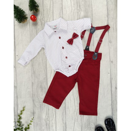 KOMPLET DLA CHŁOPCA body- koszula w kwadraciki, bordowe spodnie, muszka, szelki święta