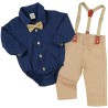 KOMPLET DLA CHŁOPCA body- koszula granat w kwadraciki, beżowe spodnie, muszka, szelki święta