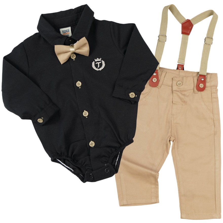 KOMPLET DLA CHŁOPCA body- koszula czarna z haftem, beżowe spodnie, muszka, szelki święta