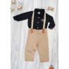 KOMPLET DLA CHŁOPCA body- koszula czarna z haftem, beżowe spodnie, muszka, szelki święta