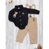 KOMPLET DLA CHŁOPCA body- koszula czarna z haftem, beżowe spodnie, muszka, szelki święta