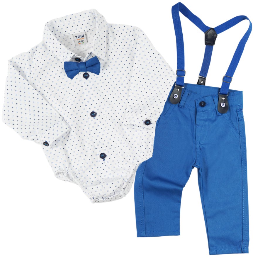 KOMPLET DLA CHŁOPCA body- koszula w kwadraciki, niebieskie spodnie, muszka, szelki, święta