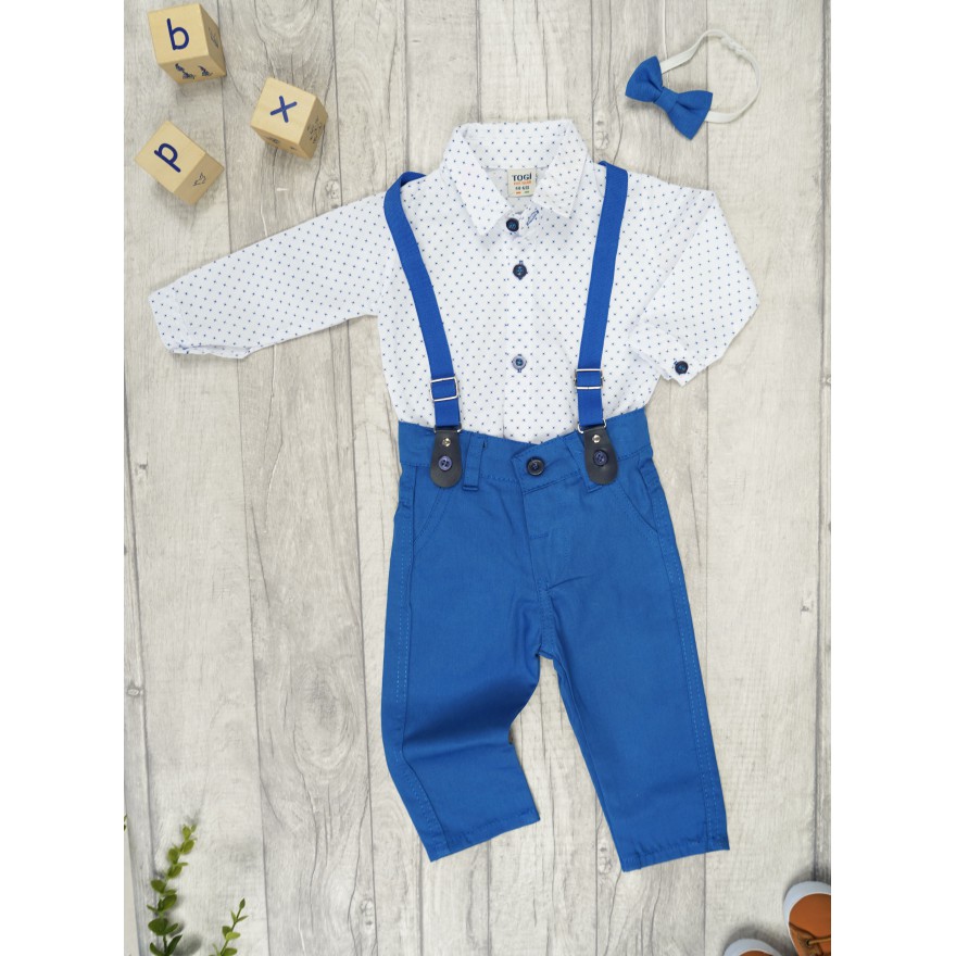 KOMPLET DLA CHŁOPCA body- koszula w kwadraciki, niebieskie spodnie, muszka, szelki, święta