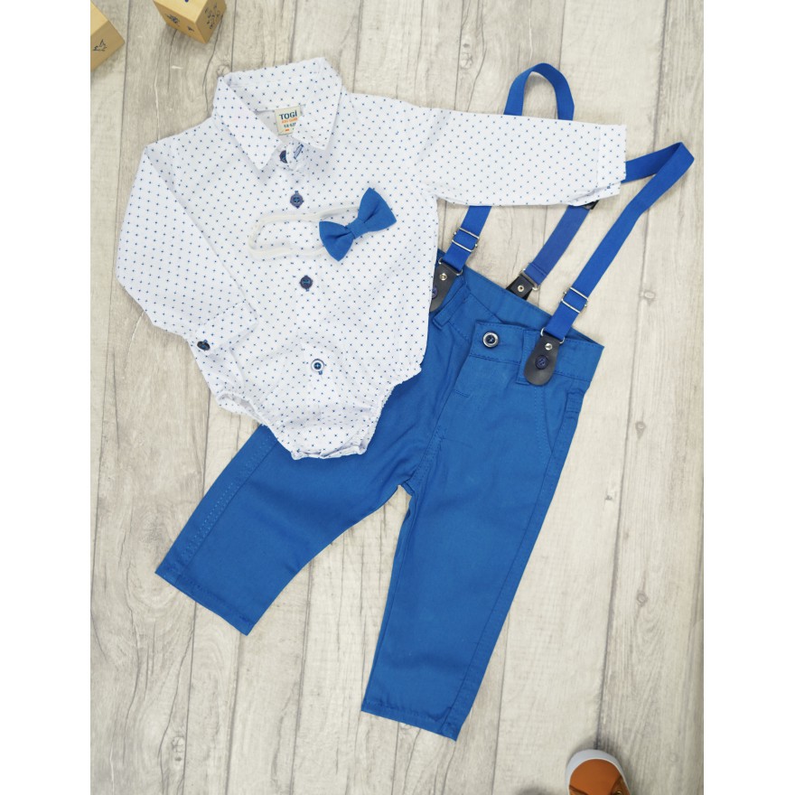 KOMPLET DLA CHŁOPCA body- koszula w kwadraciki, niebieskie spodnie, muszka, szelki, święta