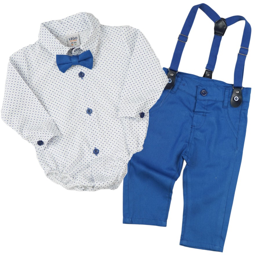 KOMPLET DLA CHŁOPCA body- koszula w listki, niebieskie spodnie, muszka, szelki, święta