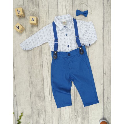 KOMPLET DLA CHŁOPCA body- koszula w listki, niebieskie spodnie, muszka, szelki, święta