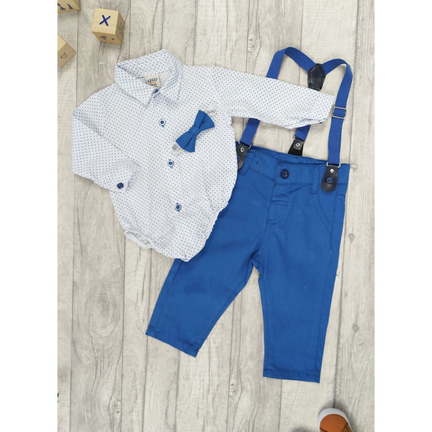 KOMPLET DLA CHŁOPCA body- koszula w listki, niebieskie spodnie, muszka, szelki, święta