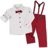 KOMPLET DLA CHŁOPCA koszula w gałązki, bordowe spodnie, muszka, szelki święta