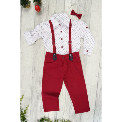 KOMPLET DLA CHŁOPCA koszula w gałązki, bordowe spodnie, muszka, szelki święta