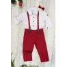 KOMPLET DLA CHŁOPCA koszula w gałązki, bordowe spodnie, muszka, szelki święta