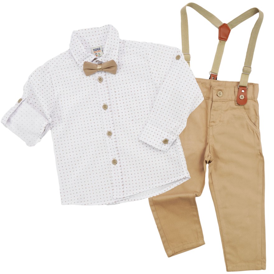 KOMPLET DLA CHŁOPCA koszula w kwadraty, beżowe spodnie, muszka, szelki święta