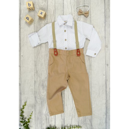 KOMPLET DLA CHŁOPCA koszula w kwadraty, beżowe spodnie, muszka, szelki święta