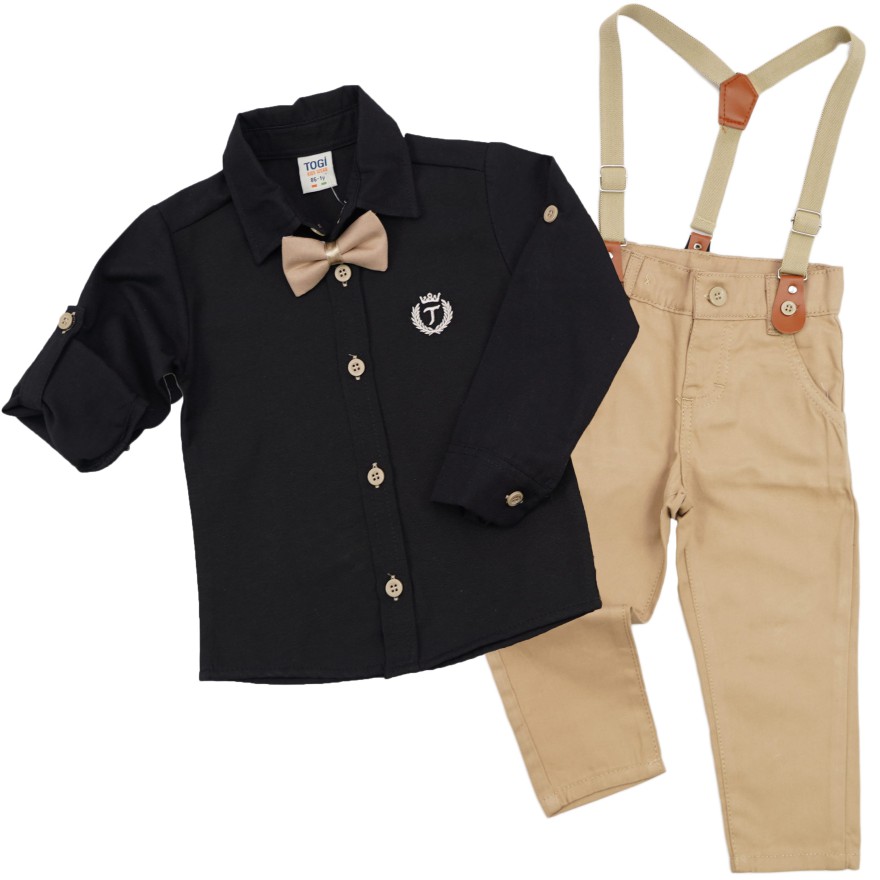 KOMPLET DLA CHŁOPCA koszula czarna z haftem, beżowe spodnie, muszka, szelki święta