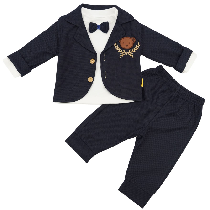 KOMPLET GARNITUREK granatowo-biały z misiem marynarka, koszulka z muchą i spodnie święta