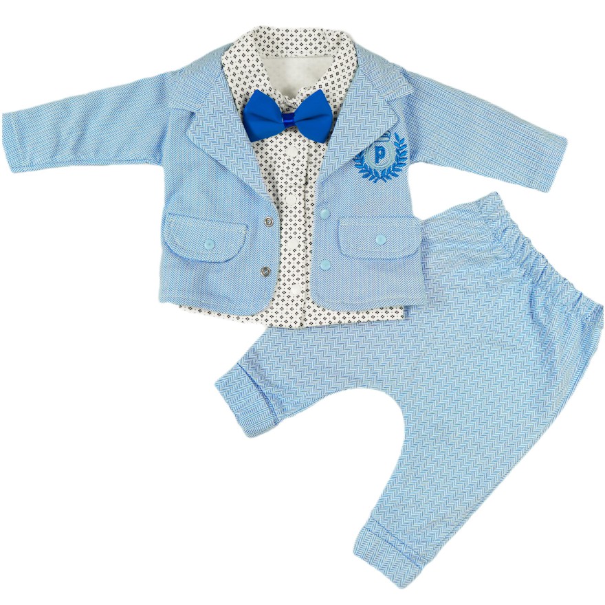 KOMPLET GARNITUREK niebieski w jodełkę marynarka koszulka mucha spodnie święta Chrzest