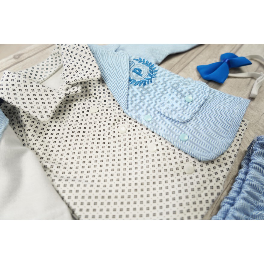 KOMPLET GARNITUREK niebieski w jodełkę marynarka koszulka mucha spodnie święta Chrzest