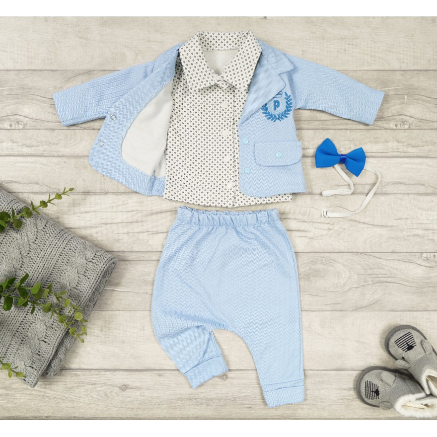 KOMPLET GARNITUREK niebieski w jodełkę marynarka koszulka mucha spodnie święta Chrzest