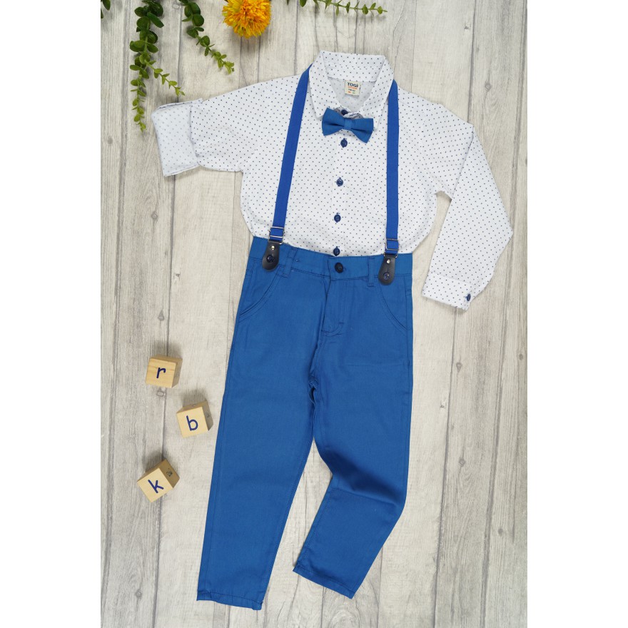 KOMPLET DLA CHŁOPCA koszula niebieskie kwadraciki, spodnie, muszka, szelki święta