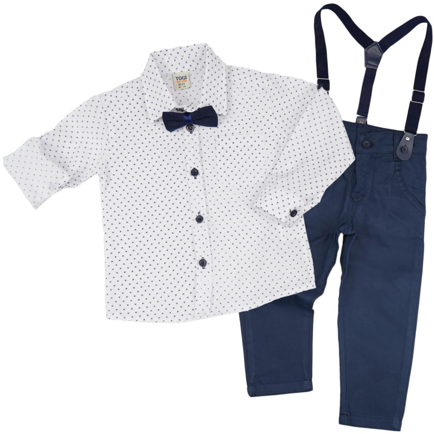 KOMPLET DLA CHŁOPCA biała koszula w kwadraciki, spodnie granat, muszka, szelki święta