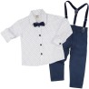 KOMPLET DLA CHŁOPCA biała koszula w kwadraciki, spodnie granat, muszka, szelki święta