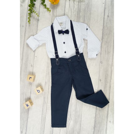 KOMPLET DLA CHŁOPCA biała koszula w kwadraciki, spodnie granat, muszka, szelki święta