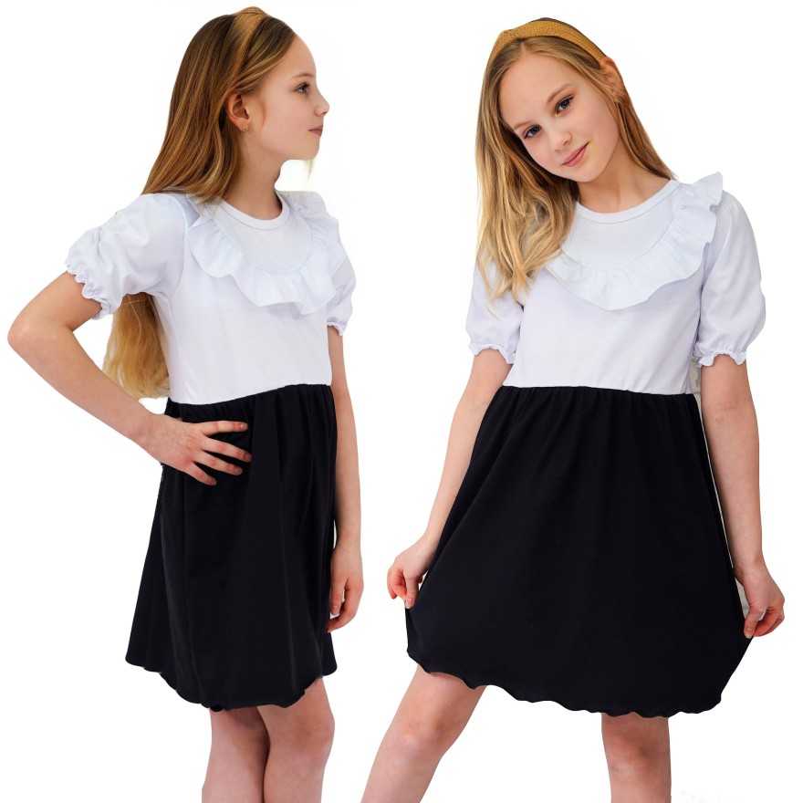 Biało- czarna SUKIENKA POLA z falbanką na dekolcie szkoła