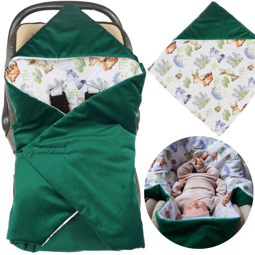 Butelkowy otulacz niemowlęcy kocyk rożek z kapturkiem do wózka fotelika nosidełka wiosenno- letni wyprawka