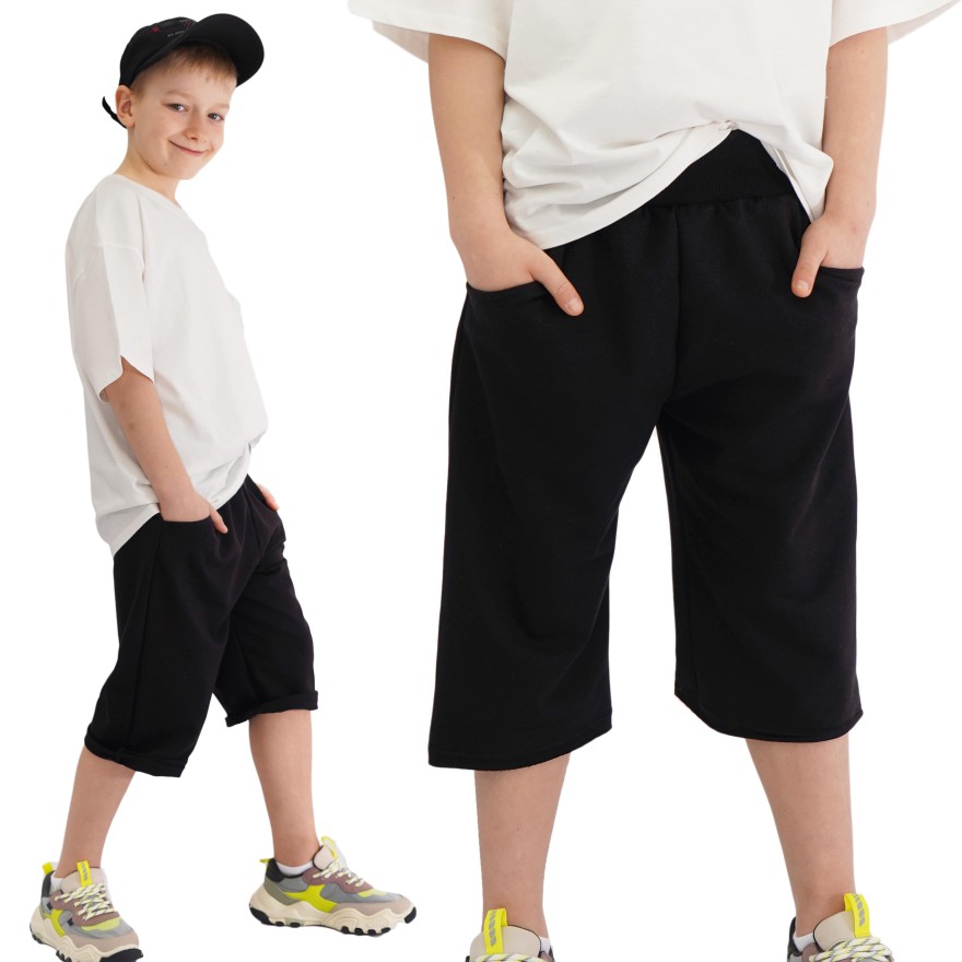 Czarne krótkie spodenki 3/4 spodnie dresowe za kolano z wyciąganą gumką bezuciskowe