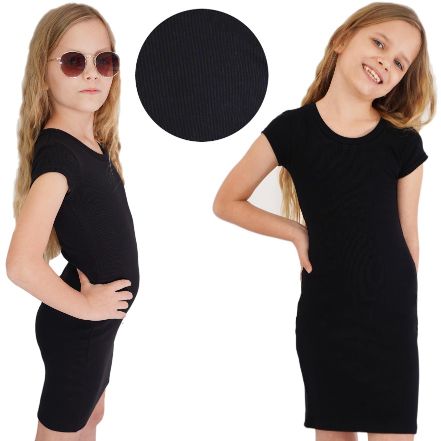 Czarna SUKIENKA bawełniana z prążka krótki rękaw szkoła dopasowana ołówkowa prążek