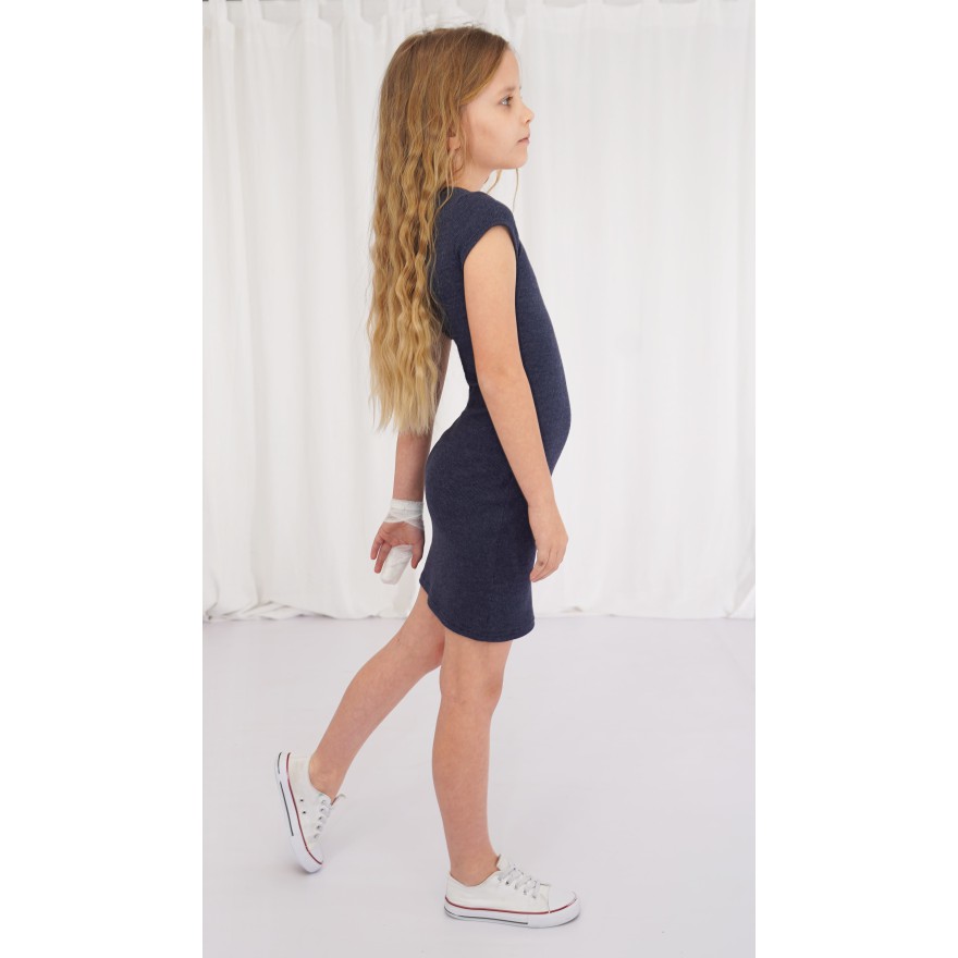 Granatowy jeans SUKIENKA bawełniana z prążka krótki rękaw szkoła dopasowana ołówkowa prążek