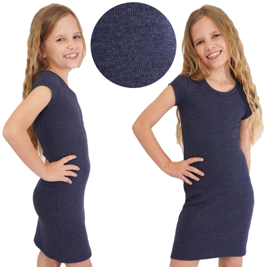 Granatowy jeans SUKIENKA bawełniana z prążka krótki rękaw szkoła dopasowana ołówkowa prążek