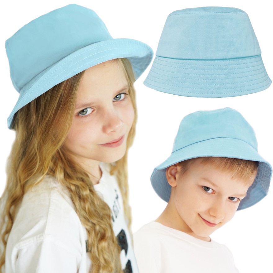 Błękitny KAPELUSZ BUCKET HAT gładka czapka z daszkiem lato bawełna