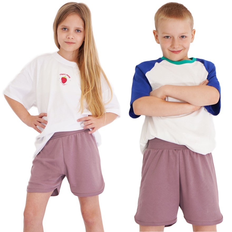 Lila krótkie spodenki z lamówką SZORTY LATO z wyciągana gumką bezuciskowe