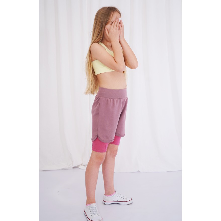 Lila krótkie spodenki z lamówką SZORTY LATO z wyciągana gumką bezuciskowe