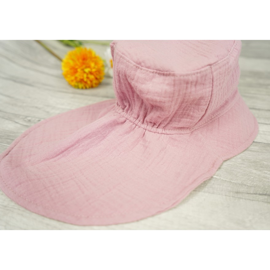 Różowy KAPELUSZ MUŚLINOWY z ochroną na kark CZAPKA na lato