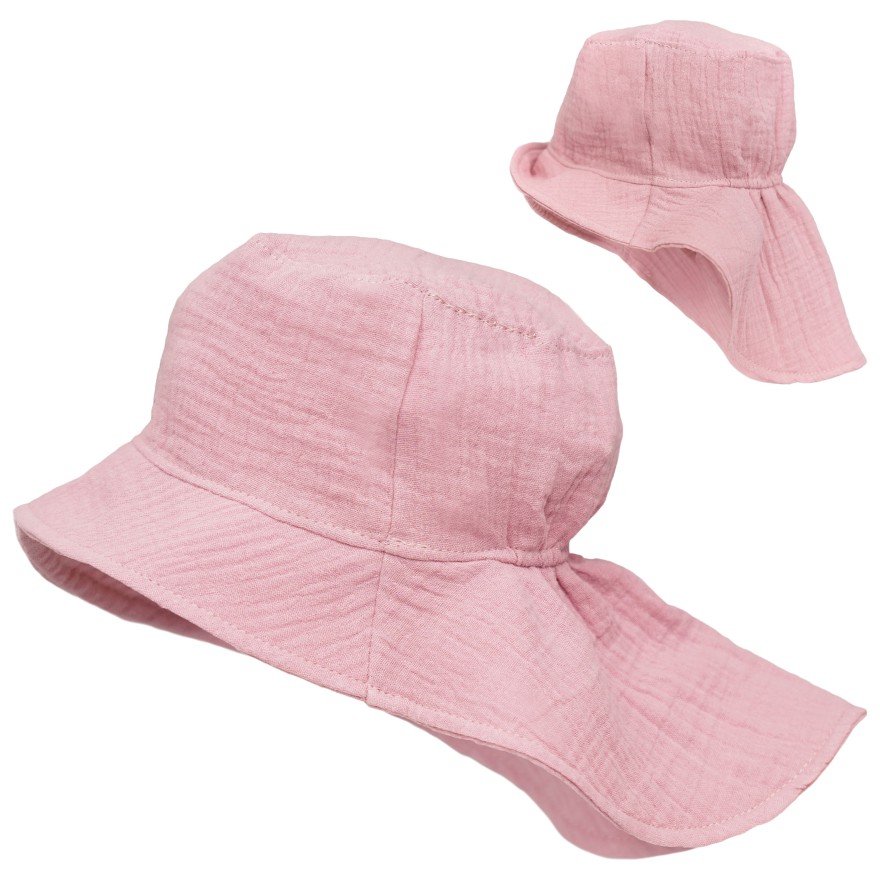 Różowy KAPELUSZ MUŚLINOWY z ochroną na kark CZAPKA na lato