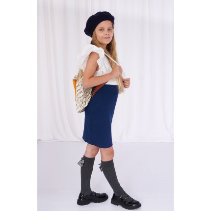 Granatowa spódnica z prążka galowa do szkoły dopasowana ołówkowa z wyciąganą gumką