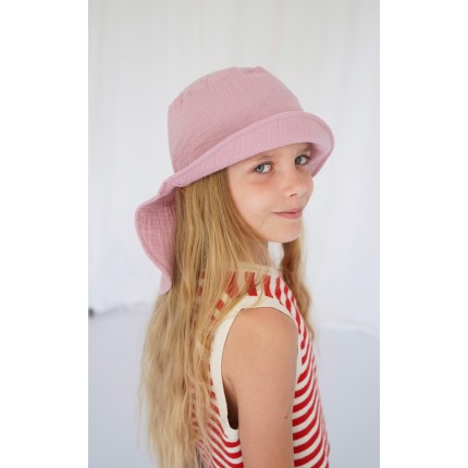 Różowy KAPELUSZ MUŚLINOWY z ochroną na kark CZAPKA na lato