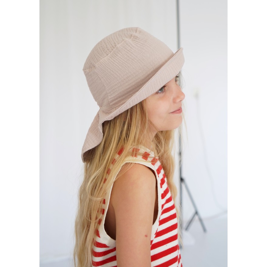 Beżowy KAPELUSZ MUŚLINOWY z ochroną na kark CZAPKA na lato