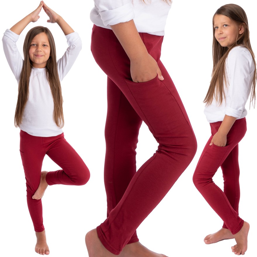 Bordowe LEGGINSY Z KIESZENIAMI długie bawełniane getry dziewczęce