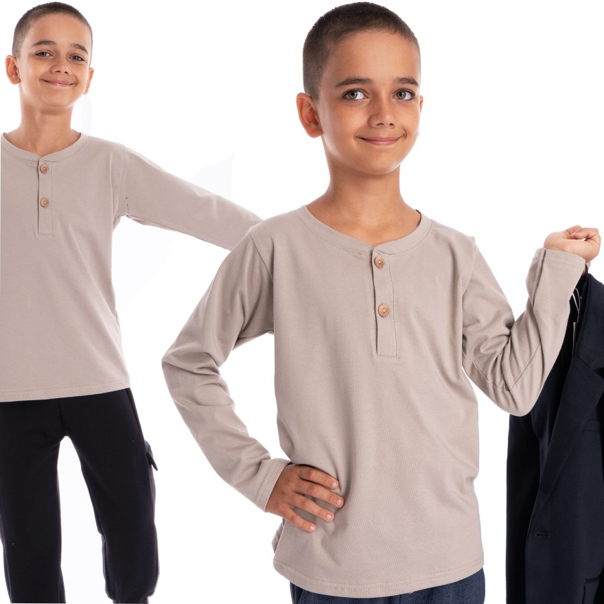 Szaro - beżowa chłopięca bluzka KOSZULKA Z GUZIKAMI elegancka długi rękaw szkoła