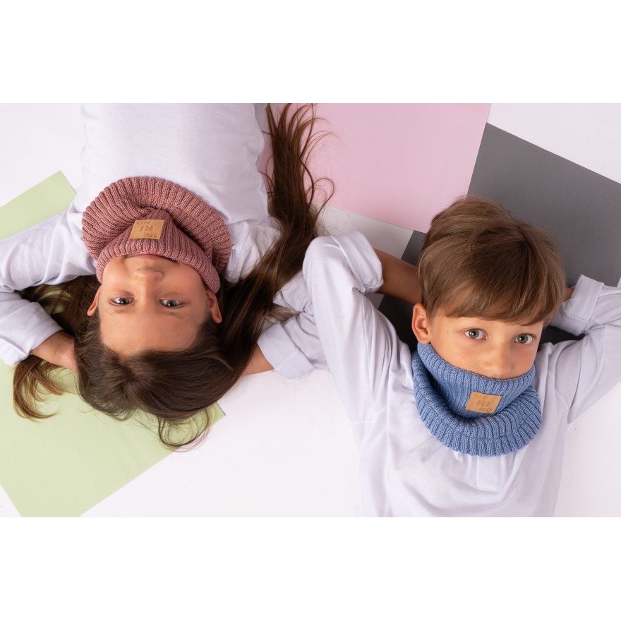 Merino komin niebieski dziecięcy 100% wełna one size jesień zima