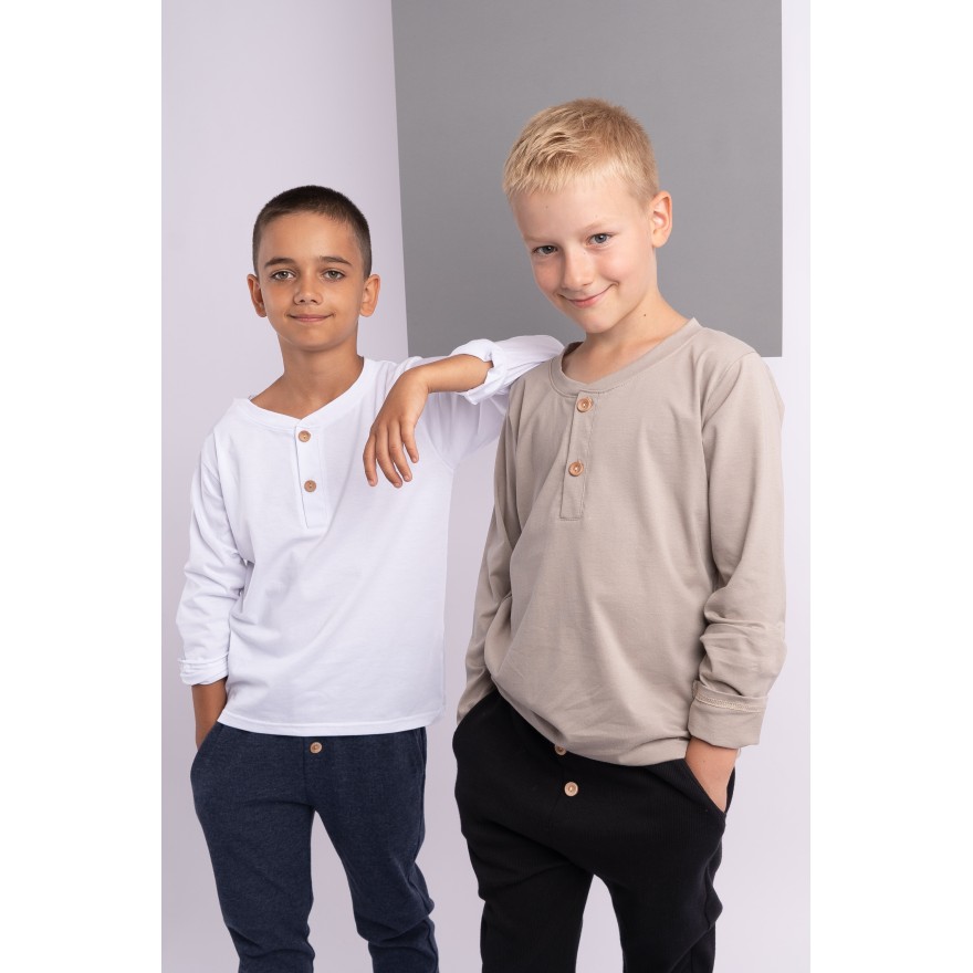 Szaro - beżowa chłopięca bluzka KOSZULKA Z GUZIKAMI elegancka długi rękaw szkoła