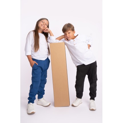 Granatowe BOJÓWKI z kieszeniami spodnie bawełniane PRĄŻEK regulowane w pasie