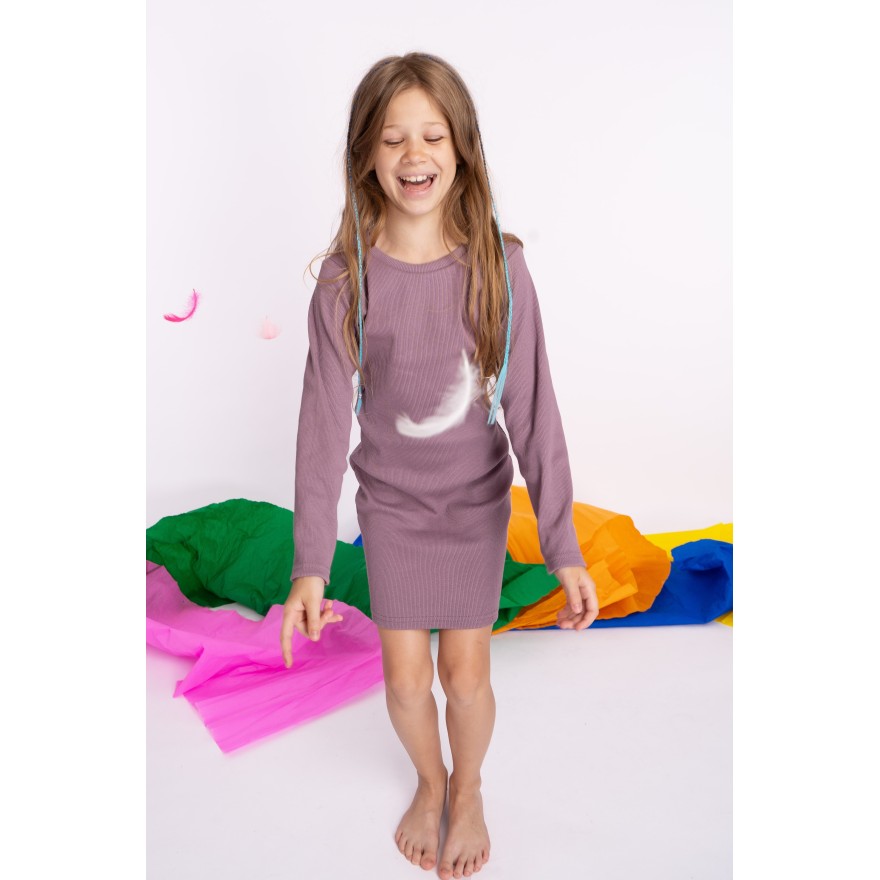 Lila SUKIENKA ołówkowa bawełniana z prążka dopasowana długi rękaw prążek